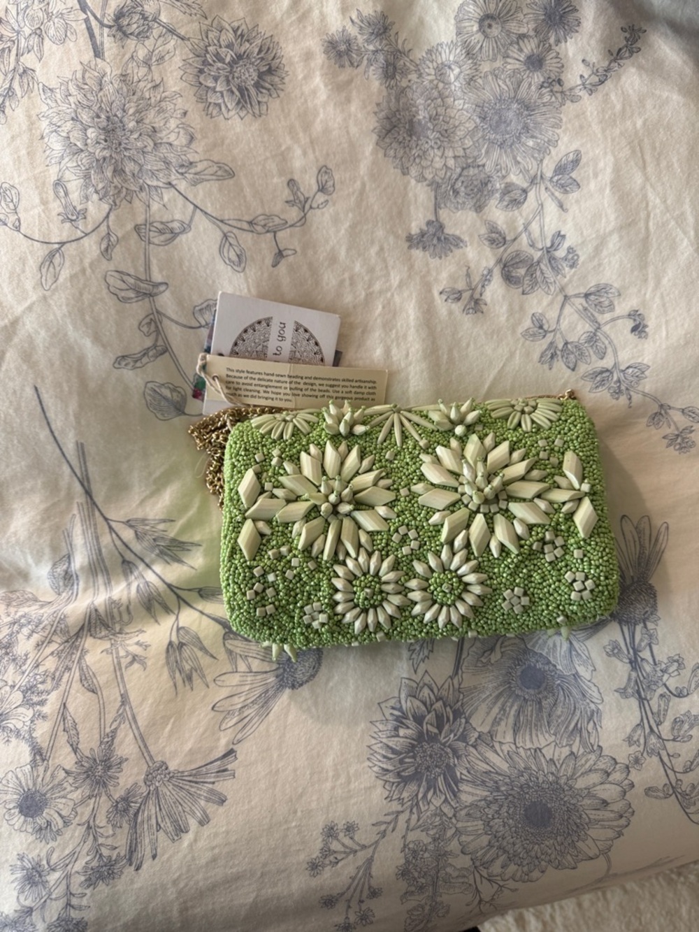 Embellished Green Beaded Clutch - Floral Accent